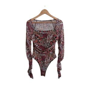 ​Floral MESH BODYSUIT Sheer Long Sleeve M Square Neck Dark Coquette Aesthet